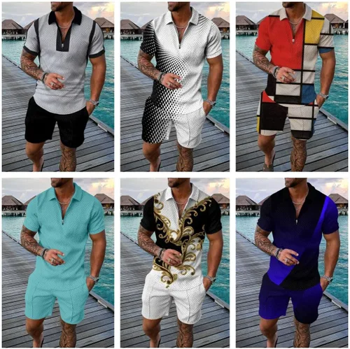 Miniatura 6 de BIRW Conjunto deportivo de 2 piezas para hombre, conjunto de pantalones cortos de verano de moda, camiseta polo casual de manga corta y pantalones