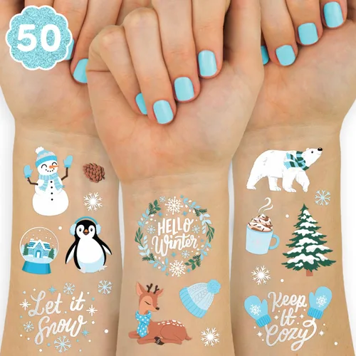 xo, Fetti Tatuajes temporales para fiesta de Navidad de invierno, 50 estilos de lámina plateada, recuerdos de fiesta de Navidad, relleno de