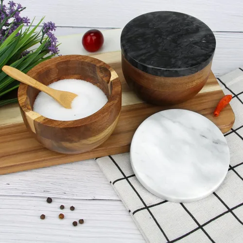 Miniatura 3 de Caja de Sal de Madera con Tapa de Mármol y Cuchara, Moderno Recipiente de Piedra Negra para Sal o Pimienta Azúcar Especias Condimentos, Contenedor