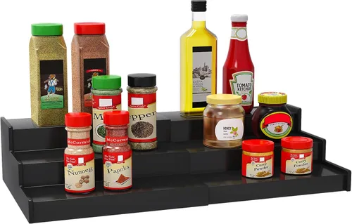 Miniatura 10 de Lenwi Organizador de estante de especias para gabinete, de bambú expandible de 3 niveles, ideal para gabinete de cocina, armario, despensa y más