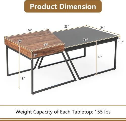 Miniatura 3 de Giantex Juego de 2 mesas auxiliares apilables de color negro y marrón con patas de metal con recubrimiento en polvo, mesa anidable trapezoidal