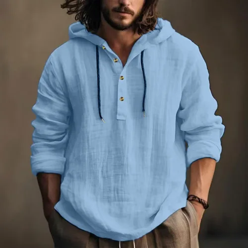 Miniatura 2 de Camisas de algodón y lino para hombre, estilo retro, hippie, guayabera, con capucha, manga larga, cuello en V, con botones, sudaderas con capucha