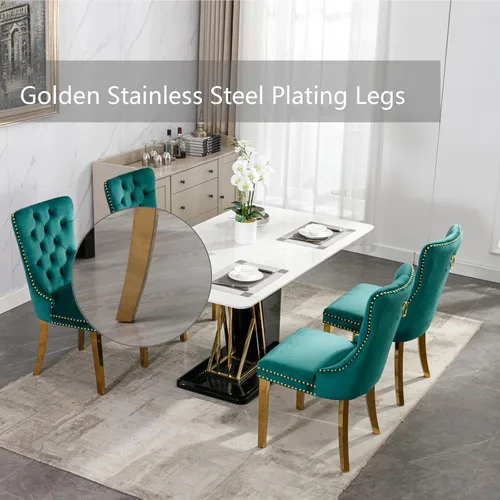 Miniatura 4 de Juego de 4 sillas de comedor de terciopelo, sillas de comedor tapizadas con anillo trasero y patas de acero inoxidable doradas, silla de comedor