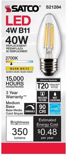 Miniatura 4 de Satco S21284 B11 - Bombilla LED de filamento para vela, acabado transparente, 4 W, 120 V, 2700 K, blanco cálido, 350 lúmenes, base media E26
