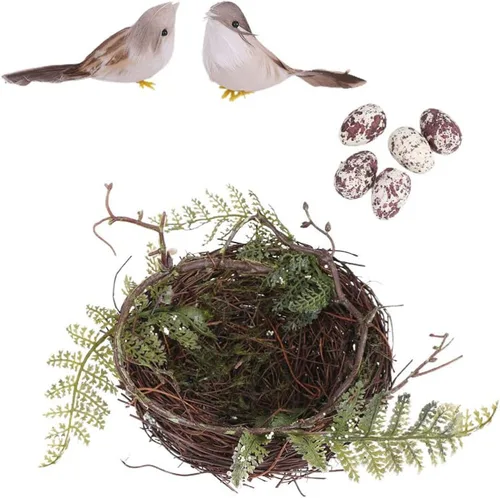 Miniatura 9 de Nido artificial para pájaros con huevos, pájaros, ramita de ratán natural, adorno para casa, accesorios para fotos para decoración
