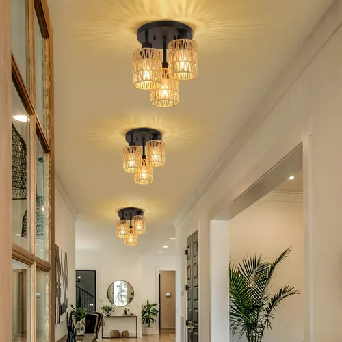 Miniatura 9 de Lámparas de Techo Bohemias de 3 Luces Montaje en Techo, Candelabro de Ratán Estilo Granja, Pantalla de Jaula Tejida a Mano Montaje Semi Empotrado