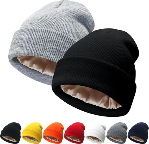 Miniatura 29 de NPQQUAN 2 PCS Satin Lined Beanie for Women Silk Lined Beanies Winter Warm Soft Lining Cuffed Knit Beanie Hats for Women