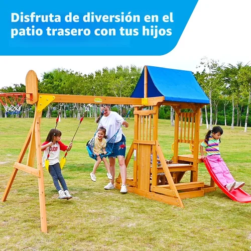 Miniatura 5 de Conjuntos de columpios para niños para el patio trasero, juegos de patio de madera para edades de 3-6 con un tobogán de ola, pared de escalada