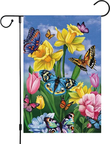 Louise Maelys Bandera de jardín de narcisos de primavera de 12 x 18 pulgadas, doble cara, arpillera pequeña, mariposa, floral, bienvenida, patio,