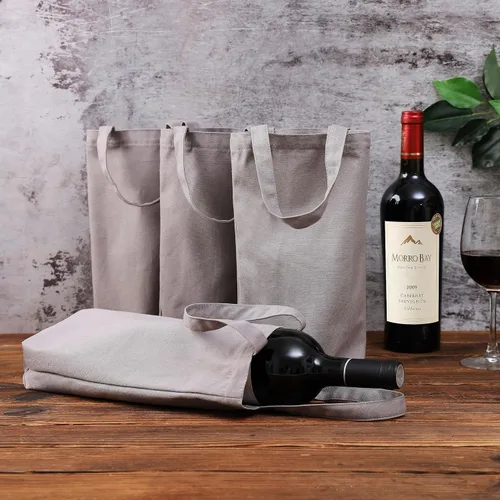 Miniatura 2 de Bolsa de vino, 10 x 7 x 2 pulgadas, 4 bolsas reutilizables de lona de algodón con etiqueta de cordón Gris