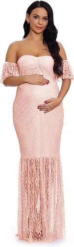 ZIUMUDY Vestido de maternidad con hombros descubiertos y mangas de encaje con volantes estilo sirena para mujer, ideal para sesiones de fotos y baby