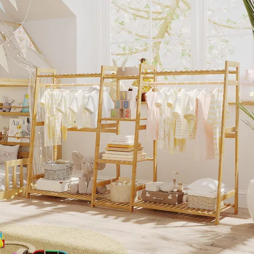 Miniatura 7 de BAMBOOHOMIE Perchero de ropa para niños con estantes, perchero de ropa de bambú para niños, niños y bebés, perchero de almacenamiento para vestirse