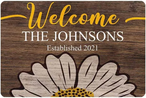 Tapete personalizado con diseño de girasol, margarita, nombre familiar, 24 x 16 pulgadas, para interiores y exteriores, divertido tapete de