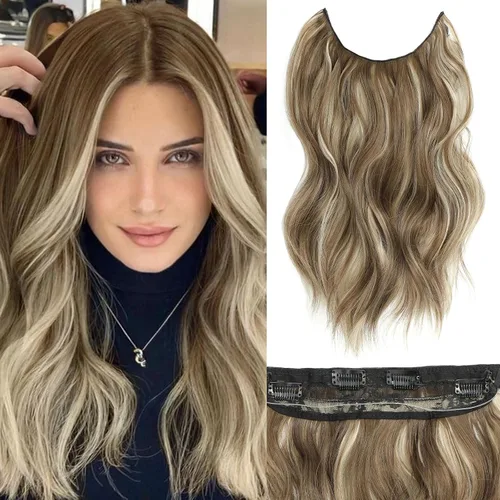 Miniatura 42 de Extensiones de cabello con halo de 12 pulgadas con alambre invisible, cabello largo ondulado ajustable, sintético, mejora con 4 clips de seguridad