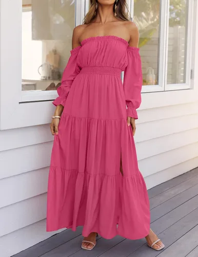 Miniatura 8 de ZESICA - Vestido largo, bohemio y sexy, con hombros descubiertos y manga larga fruncida, con elástico fruncido, cintura alta y abertura lateral