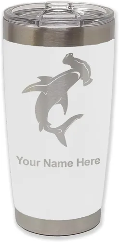 Miniatura 30 de LaserGram Vaso aislado al vacío de 20 onzas, tiburón martillo, grabado personalizado incluido (negro)