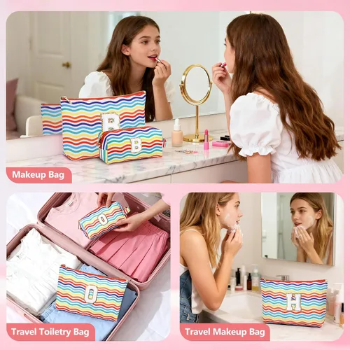 Miniatura 37 de Bolsa de viaje de maquillaje con monograma de 2 piezas para regalos de niñas adolescentes, bolsa de cosméticos para niñas, bolsa de aseo de viaje