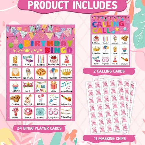 Miniatura 2 de Juego de bingo de cumpleaños para niños, niñas y adultos, tarjetas de bingo de cumpleaños para 24 jugadores, suministros para fiesta de cumpleaños
