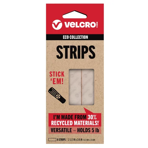 VELCRO Brand ECO Collection Cintas, tiras adhesivas adhesivas adhesivas de 2 1/2 pulgadas x 3/4 pulgadas, material sostenible 30% reciclado, 8 Blanco