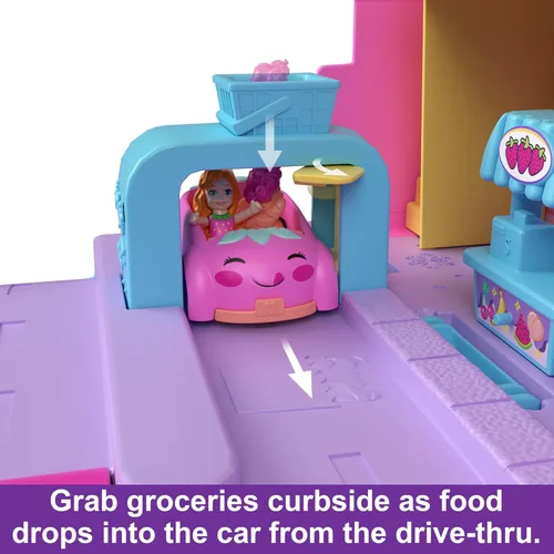 Miniatura 5 de Polly Pocket Pollyville Fresh Market Muñecas y juego de juguete, juguete de comida con 2 micro muñecas, 12 accesorios incluyen coche de juguete