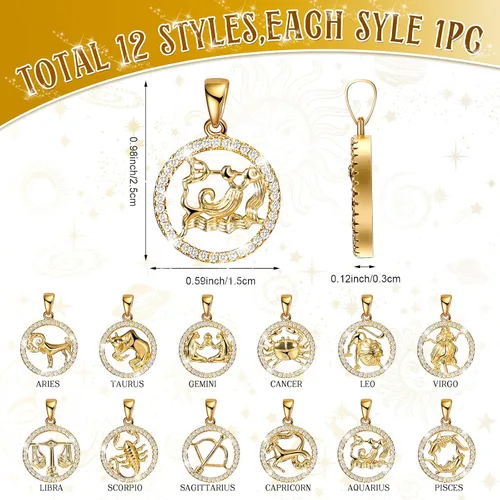 Miniatura 2 de Hicarer 12 dijes del zodiaco para hacer joyas, colgantes chapados en oro y plata con diamantes de imitación del signo del zodiaco, dijes de Dorado
