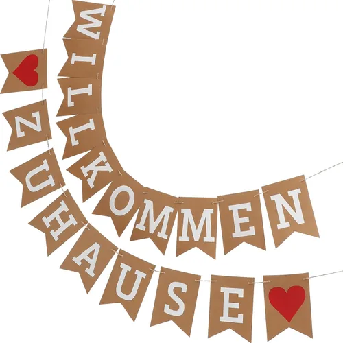 Miniatura 8 de Amosfun Banner de bienvenida a casa con letra alemana WILLKOMMEN ZUHAUSE - Guirnalda de banderines rústica para reuniones familiares, accesorios