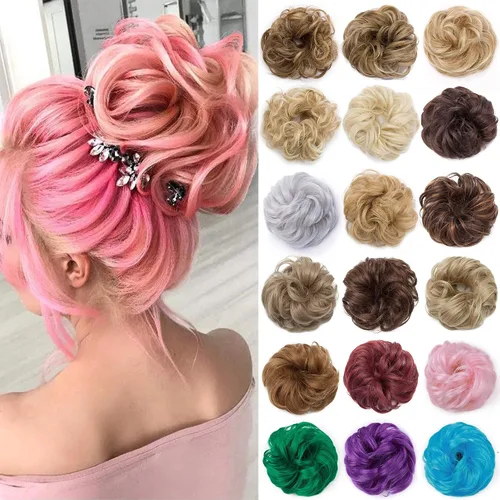 Miniatura 43 de Benehair Moño desordenado, pieza de pelo recogido para mujer, esponjoso, ondulado, moño con dona, moño sintético con banda elástica de goma