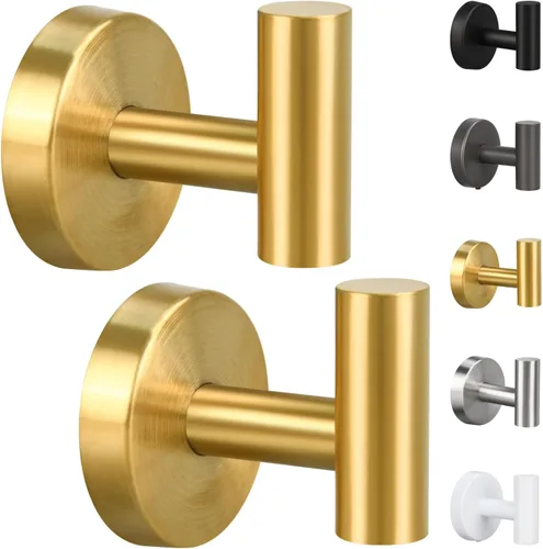 Mdvora Paquete de 2 ganchos dorados cepillados, ganchos de baño de acero inoxidable SUS304 para dormitorio, cocina, hotel, oficina