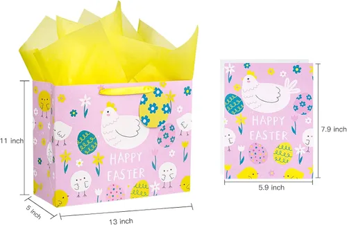 Miniatura 6 de MAYPLUSS Bolsa de regalo grande de Pascua de 13 pulgadas con tarjeta de felicitación y papel de seda, pollos rosados, letras de Pascua, bolsa