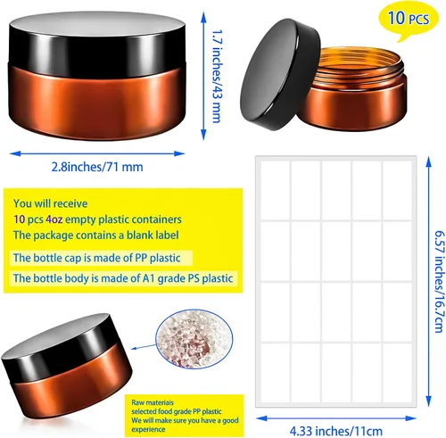Miniatura 2 de Paquete de 10 tarros de plástico de 4 onzas con tapas, recipientes redondos de 4.2 fl oz para cosméticos, tarros de maquillaje, tarro