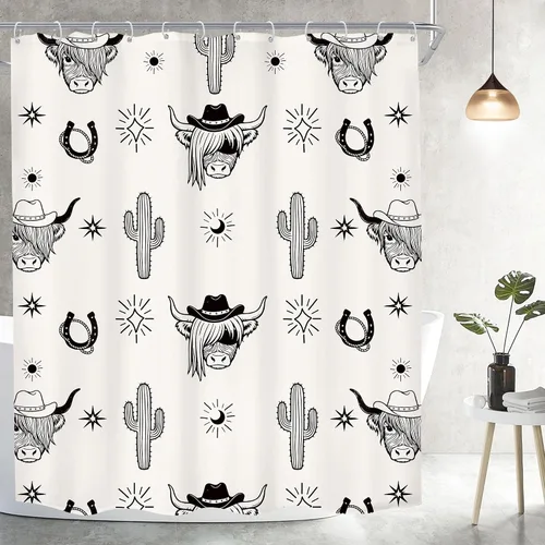 Miniatura 3 de Western Highland Cow Shower Curtain 60Wx72H Inches Farmhouse Southwest Cowboy Cattle Sun and Moon Rustic Cute Animal Beige Cactus Retro Fabric