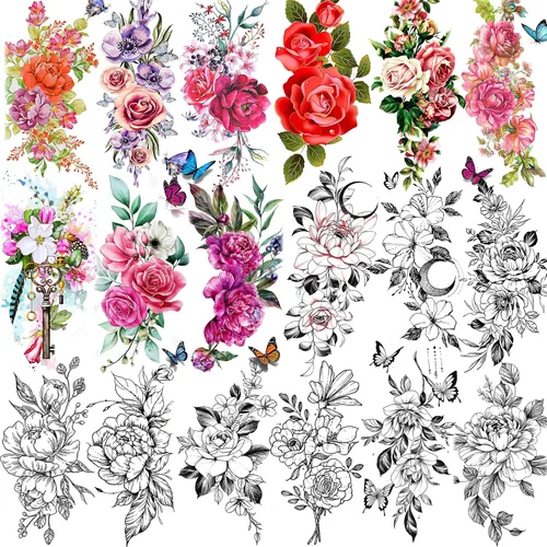 TASROI 18 hojas de tatuajes temporales de flores sexys para mujeres, niñas y adultos, tatuajes falsos de arte corporal para el brazo, tatuajes