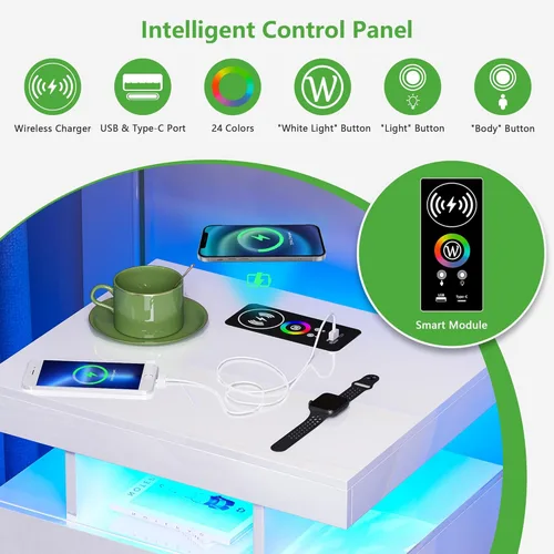 Miniatura 3 de HNEBC Mesita de noche LED, RGB blanco con estación de carga USB/inalámbrica, moderna mesita de noche con sensor automático de luces RGB, mesa blanco