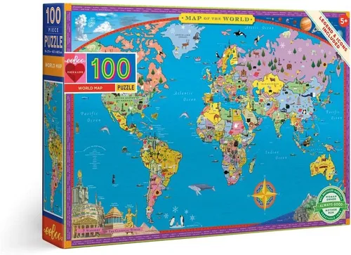 eeBoo Rompecabezas de 100 piezas para niños, mapa del mundo, con temática de geografía, piezas grandes para manos pequeñas para desarrollar