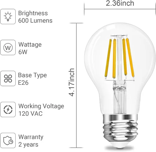 Miniatura 4 de Qingmiao Bombilla LED Edison A19 E26 con base regulable, 4 W (equivalente a 40 vatios) 3000 K blanco cálido suave, bombilla de filamento LED de 6 W