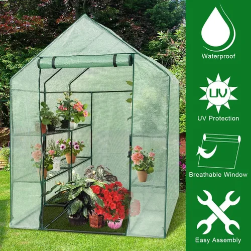 Miniatura 8 de Happygrill Invernadero para caminar, invernadero potable con puerta enrollable con cremallera, cubierta de polietileno y 3 niveles, 12 estantes