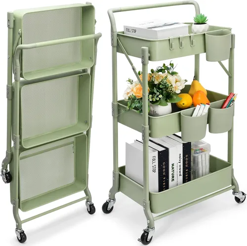 Miniatura 12 de Carrito plegable de metal de 3 niveles, carrito organizador plegable de almacenamiento multifunción para oficina en casa y biblioteca (negro)