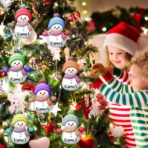 Miniatura 6 de Adornos de Navidad personalizados de muñeco de nieve, juego de adornos de Navidad de madera personalizados con nombres, decoraciones para colgar