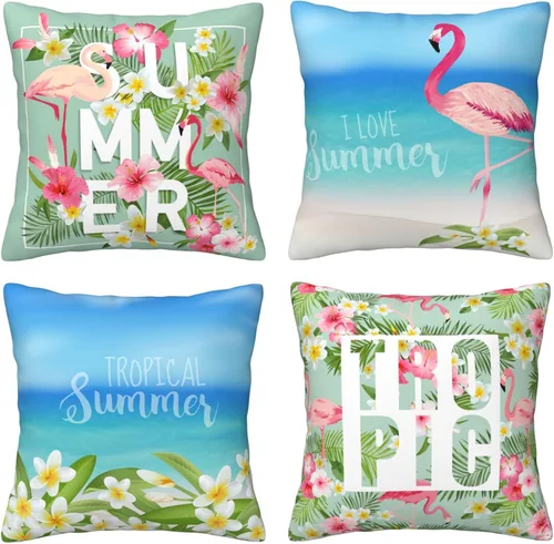 Miniatura 11 de Juego de 4 fundas de almohada de flamencos tropicales y flores rosadas, 18 x 18 pulgadas, diseño de peonías florales de mariposa, fundas de almohada