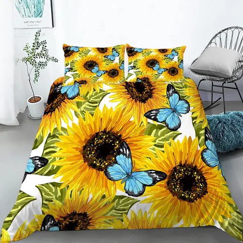 Miniatura 2 de AILONEN Juego de funda de edredón de girasol, juego de ropa de cama de girasol floral amarillo, tamaño matrimonial, funda de edredón con estampado