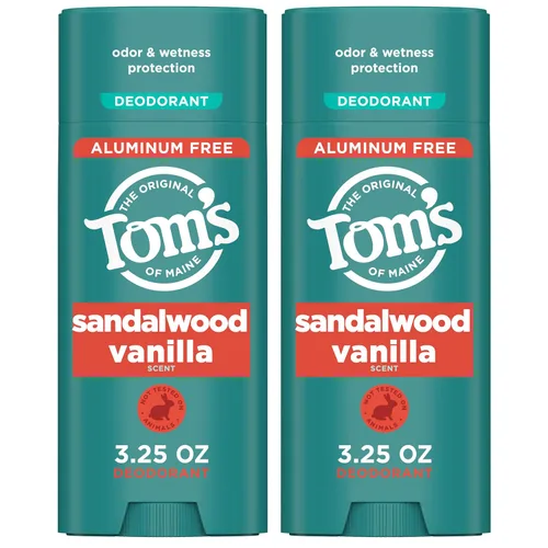 Tom's of Maine Desodorante natural sin aluminio de sándalo y vainilla para mujeres y hombres, se aplica transparente, protección contra olores y