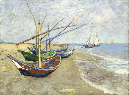Rompecabezas de madera de 500 piezas para adultos, pinturas famosas de Van Gogh, barcos de pesca en la playa en Les Saintes-Maries-de-la-Mer, Barcos