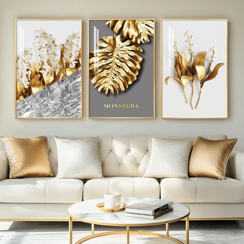 Miniatura 46 de Arte de pared moderno enmarcado en blanco y negro, 3 piezas de impresiones contemporáneas grandes para paredes, juego de 3 imágenes de hojas doradas