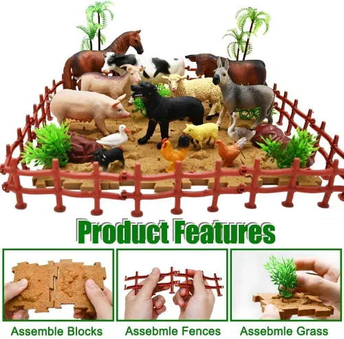 Miniatura 4 de BOLZRA Figuras de animales de granja, juguetes realistas de animales de plástico con bloques de construcción de vallas, juego de figuras de granja