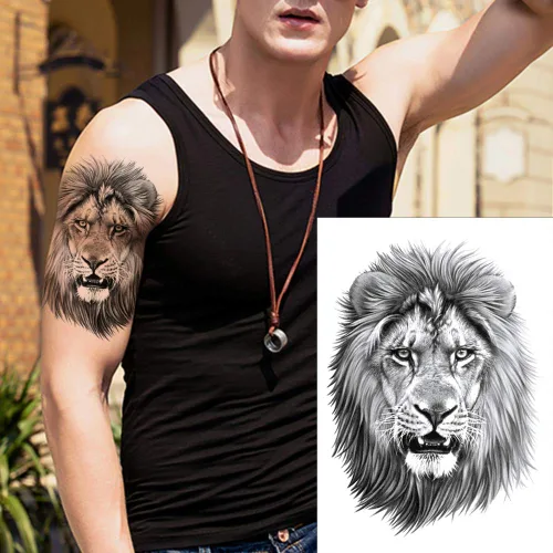 Miniatura 3 de 6 hojas de tatuaje temporal de león tigre negro, tatuaje de pierna y pecho para hombres y mujeres, diseños de animales salvajes arte corporal