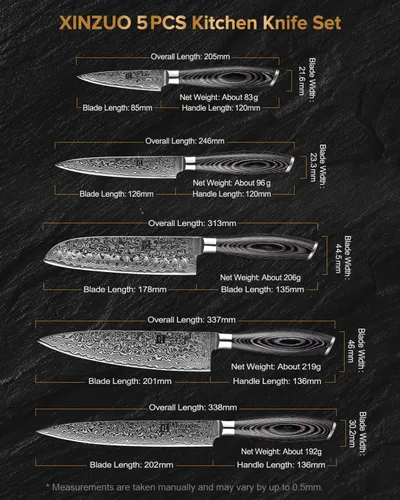 Miniatura 6 de XINZUO Cuchillo de cocina de 5 piezas, juego de cuchillos de chef profesional de acero de Damasco súper afilado con mango de madera de Pakkawood