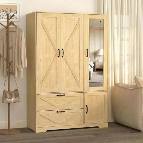 Miniatura 9 de Armario de 3 puertas con puerta de espejo y luces LED, armario de dormitorio con cajones, armario independiente de gran capacidad con barra