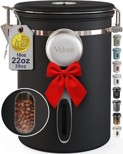 Veken Recipiente de Café con Ventana, Contenedor Hermético de Acero Inoxidable para Despensa, Organizadores de Almacenamiento de Alimentos para Negro