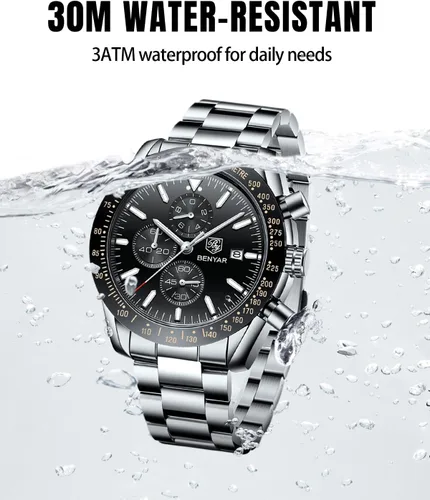 Miniatura 4 de BY BENYAR Relojes para hombre, cronógrafo analógico de cuarzo, 30M, resistente al agua, luminoso, de cara grande, relojes para hombre, negocios