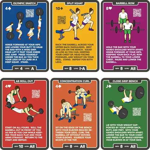 Miniatura 6 de Stack 52 Tarjetas de ejercicio con barra. Juego de cartas de levantamiento de pesas. Instrucciones en video incluidas. Culturismo, entrenamiento